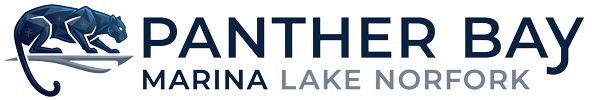 Official horizontal logo for Panther Bay Marina on Lake Norfork, featuring a stylized, low-poly dark blue panther crouching on a metallic grey element next to bold text reading "PANTHER BAY MARINA LAKE NORFORK".