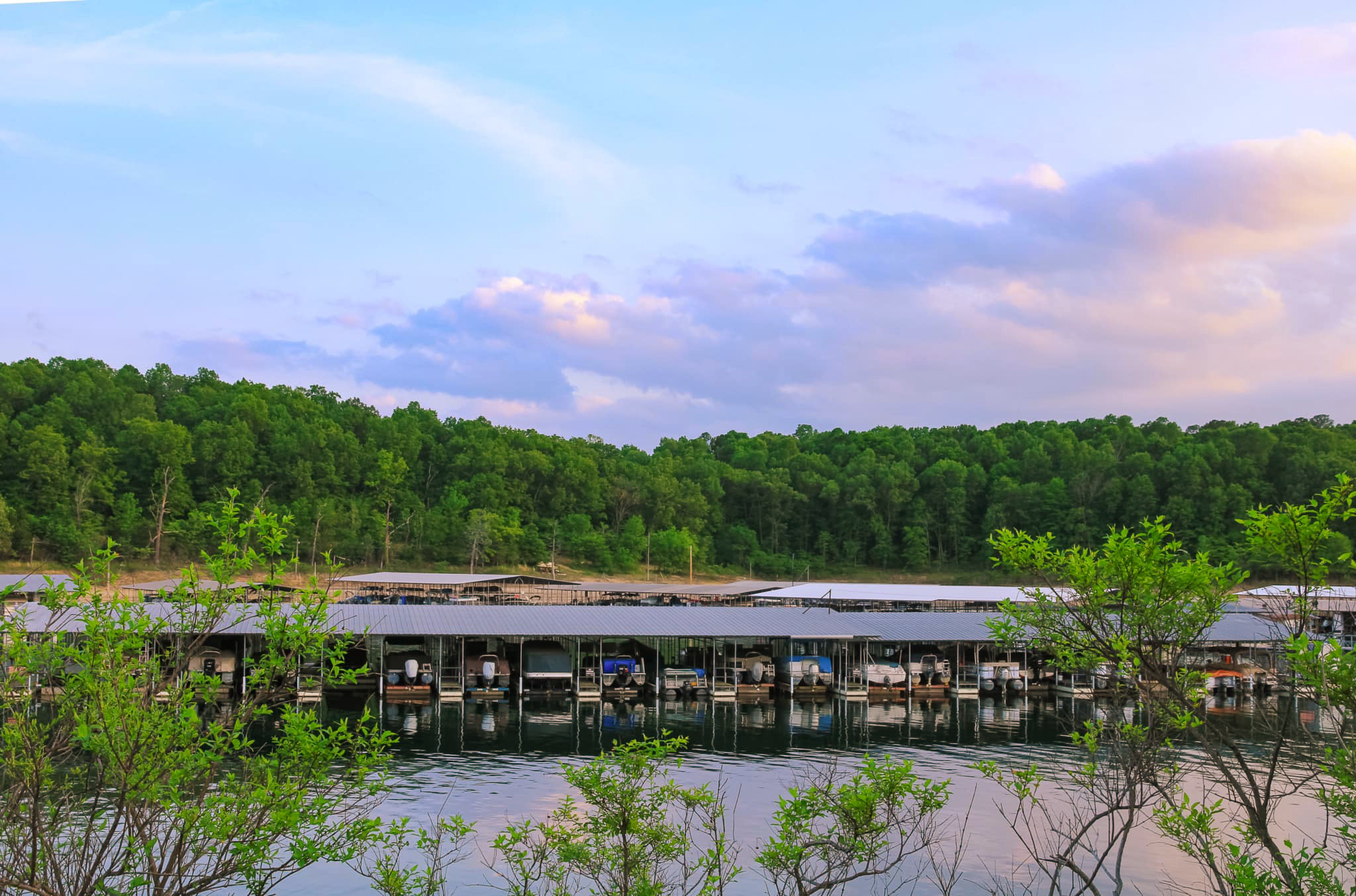 A wide view of covered boat slips filled with boats at Panther Bay Marina on Norfork Lake, captured through green shorefront trees with a dense forest line and a soft pink and blue sunset sky in the background.